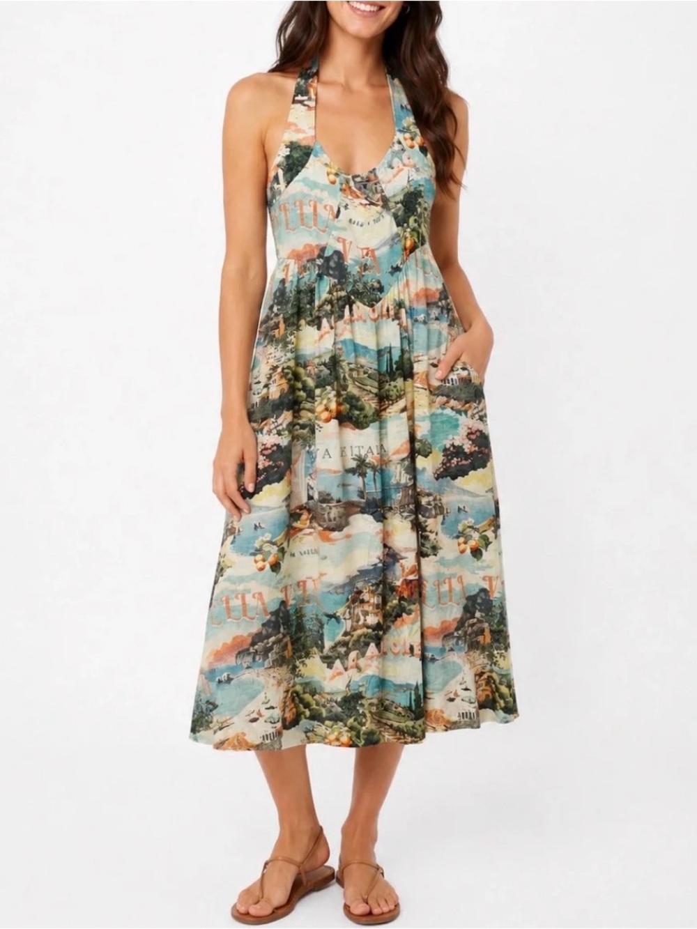 Element Scenic Halter Midi Dress - Blue Green Multi
